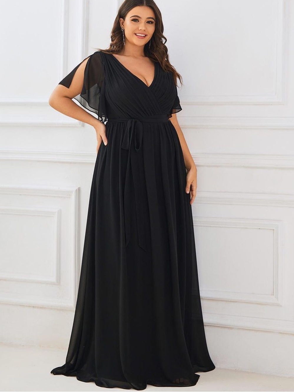 Ever Pretty Black V-Neck Pleated A-Line Chiffon Tie Waist Maxi Dress Size 16